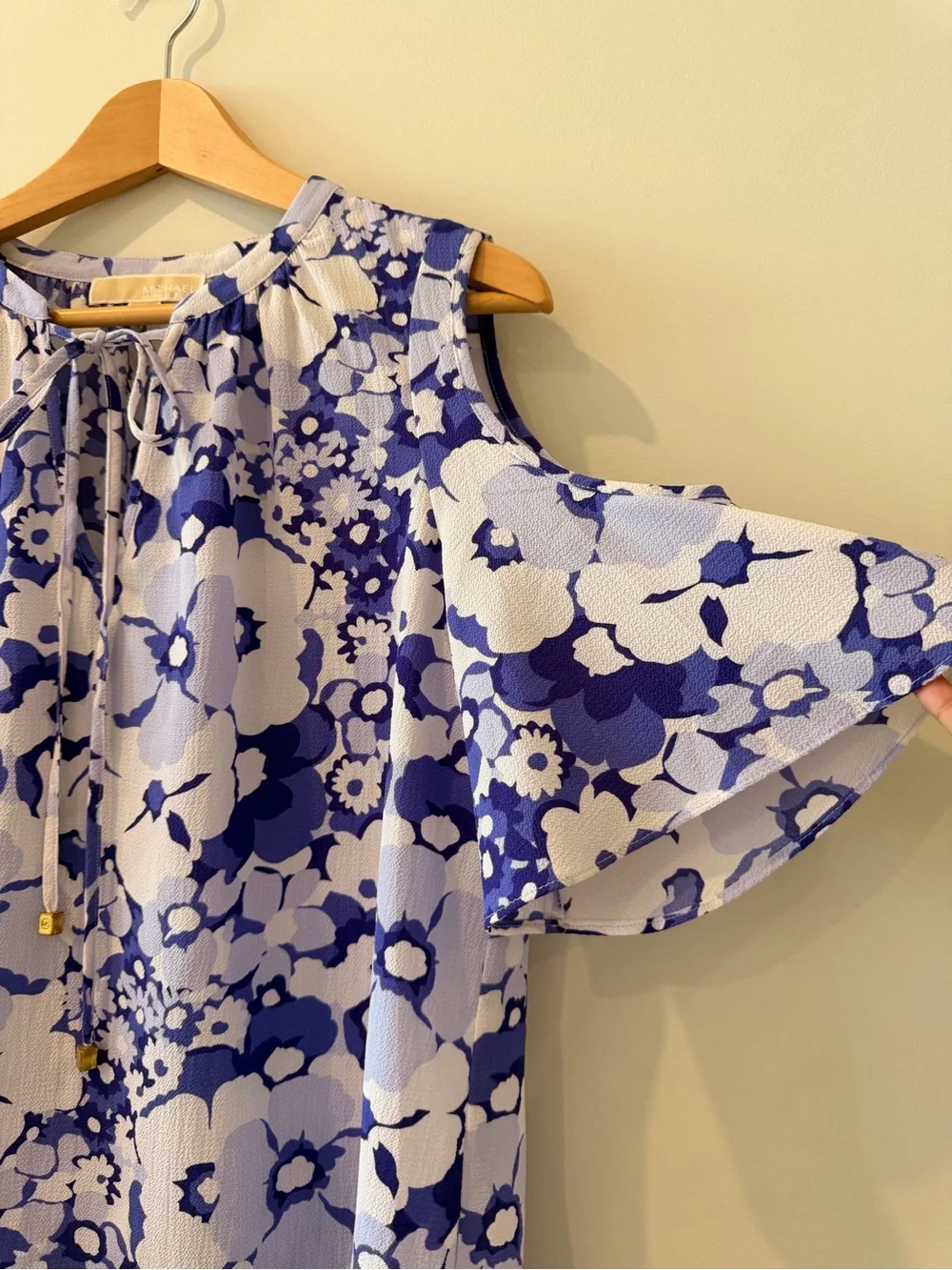 Michael Kors White and Blue Floral Cold-Shoulder Blouse - Picture 2 of 5